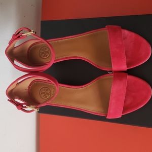 Tory Burch Savannah Suede Cork Wedge Sandals in Red